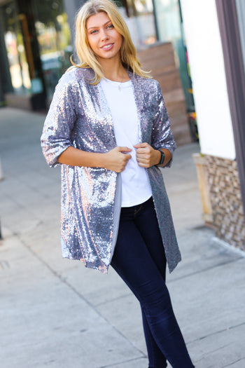 Holiday Silver Iridescent Sequin Open Lined Cardigan Haptics