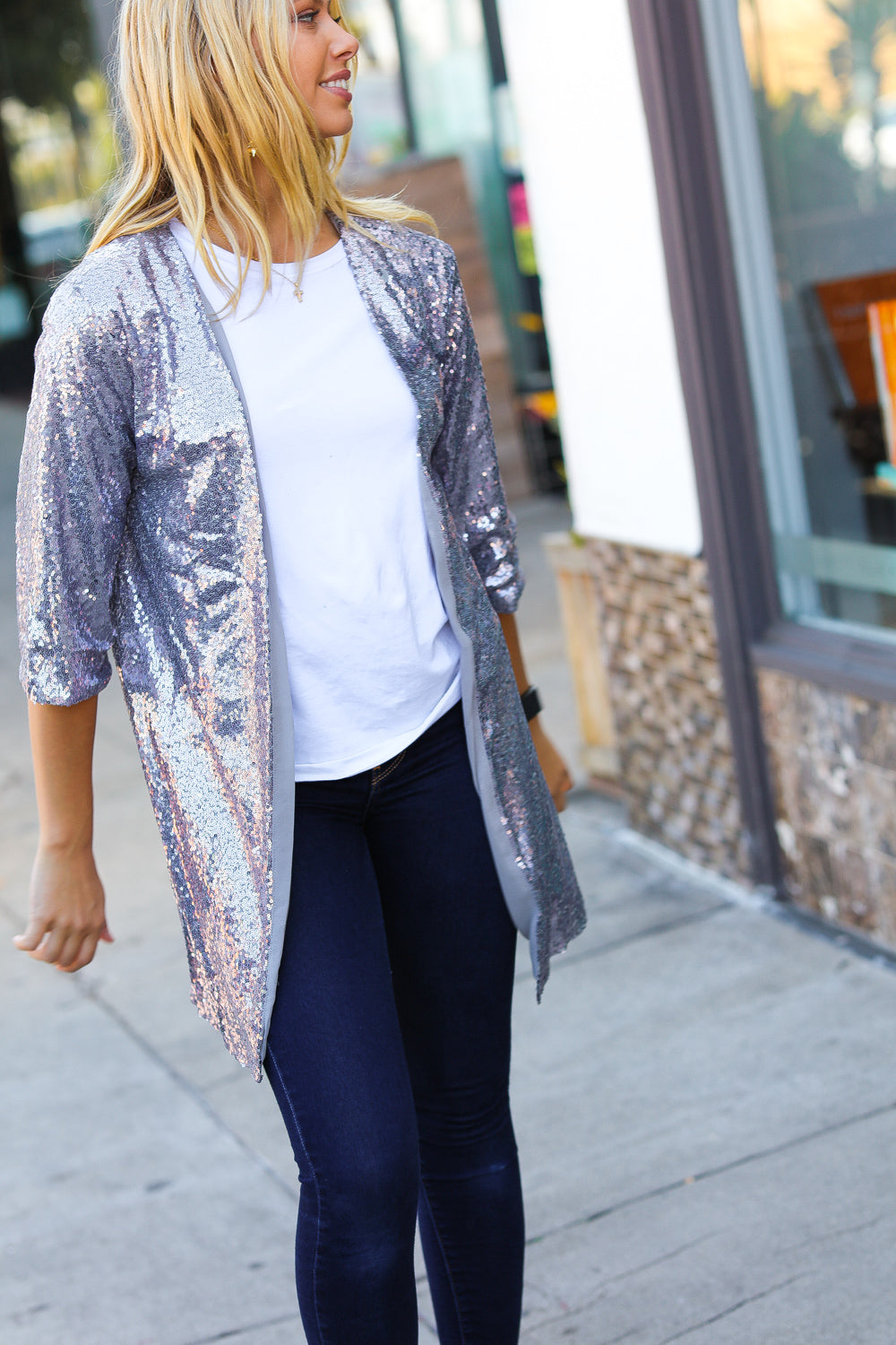 Holiday Silver Iridescent Sequin Open Lined Cardigan Haptics