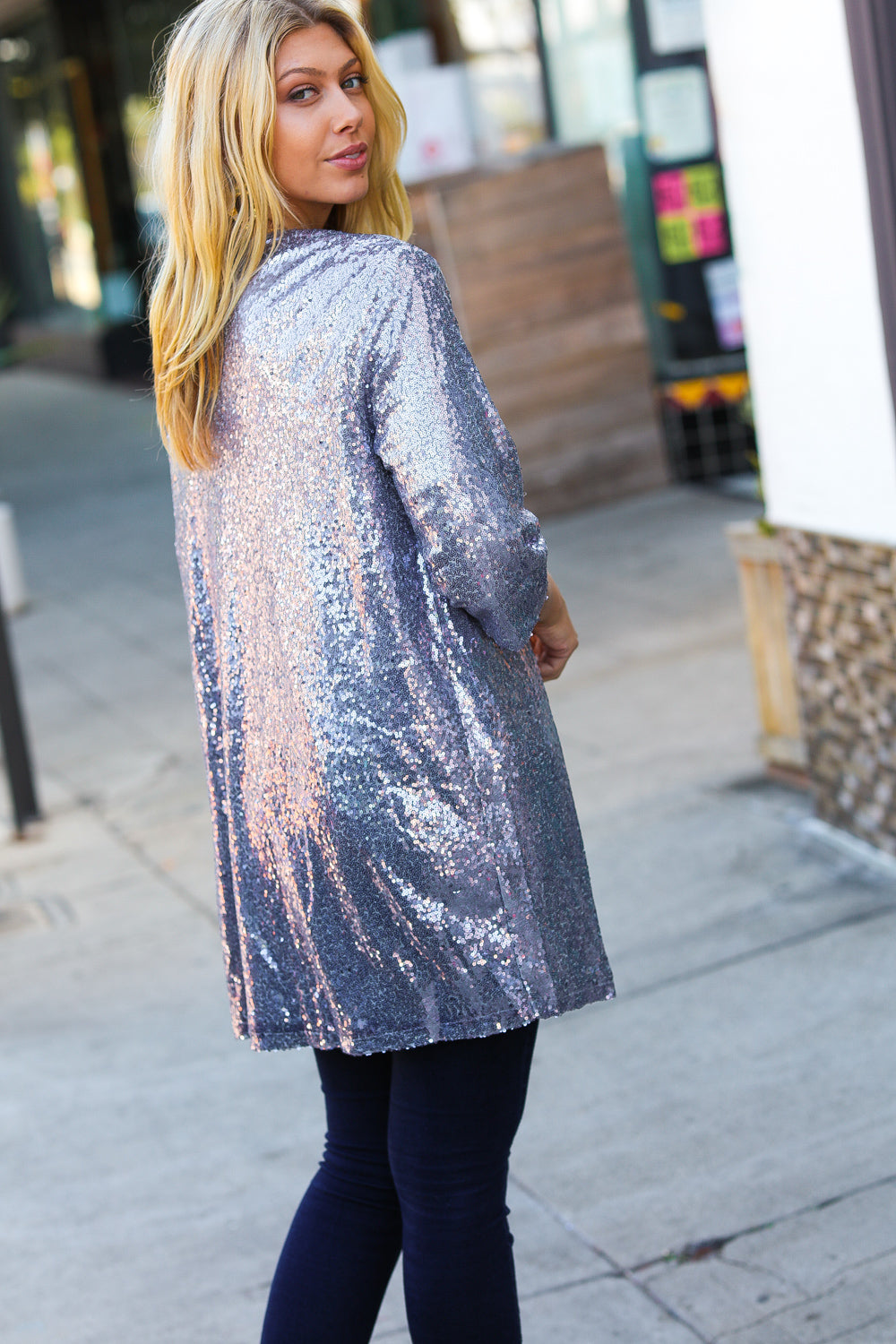 Holiday Silver Iridescent Sequin Open Lined Cardigan Haptics