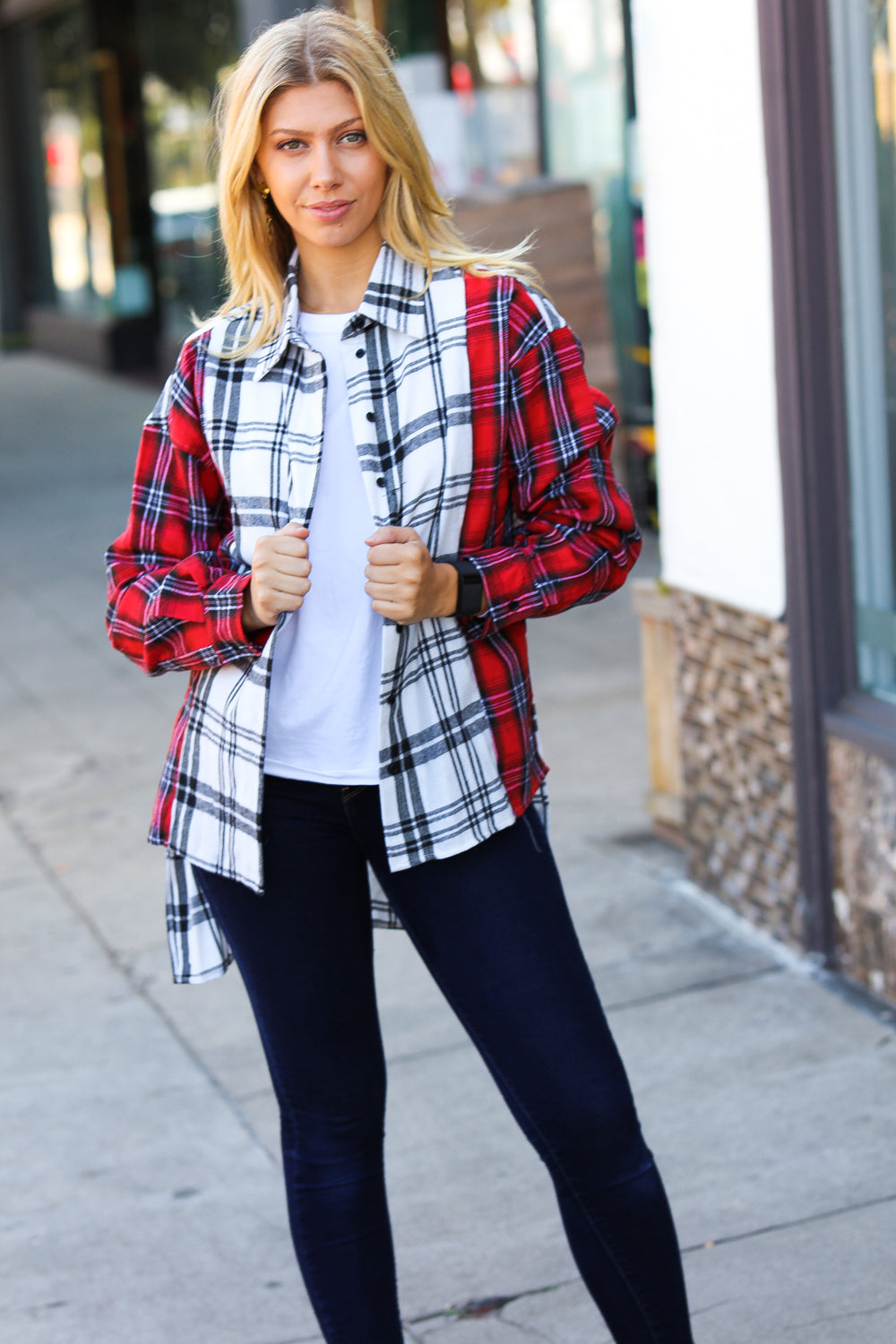 Holiday Red & White Plaid Color Block Hi Lo Shacket Haptics