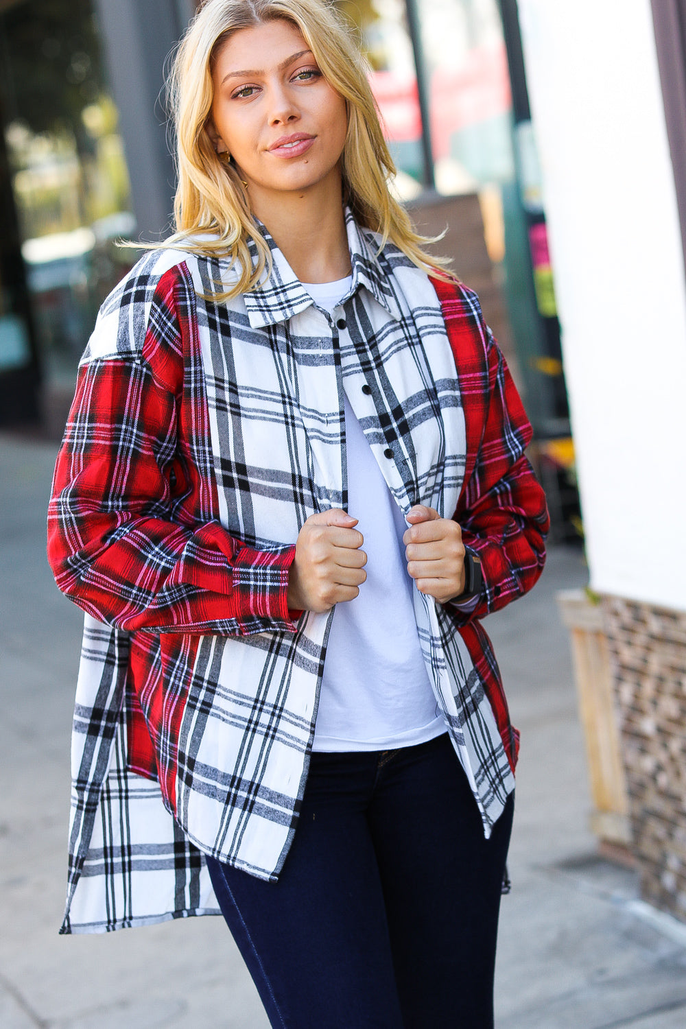 Holiday Red & White Plaid Color Block Hi Lo Shacket Haptics