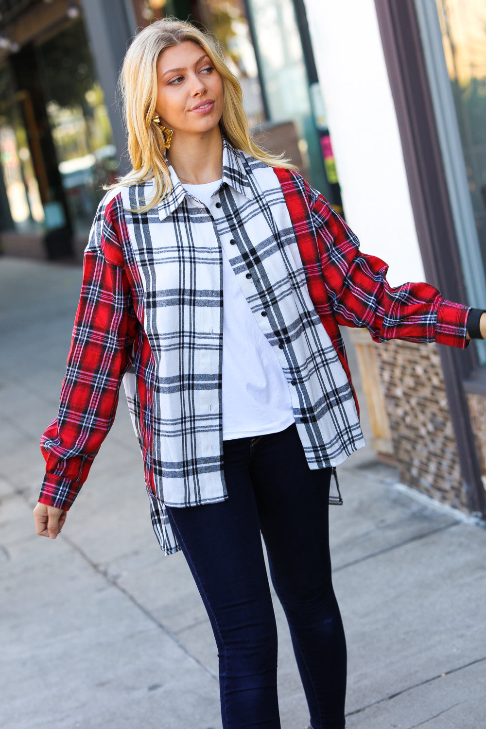 Holiday Red & White Plaid Color Block Hi Lo Shacket Haptics