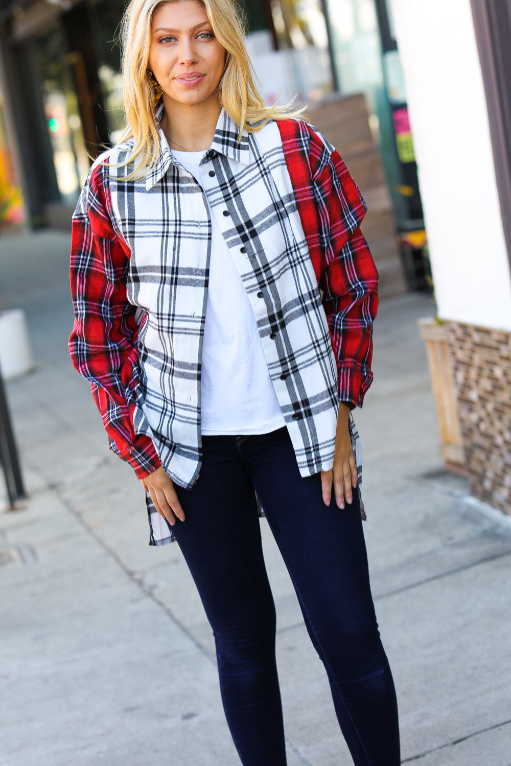 Holiday Red & White Plaid Color Block Hi Lo Shacket Haptics