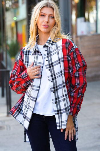 Holiday Red & White Plaid Color Block Hi Lo Shacket Haptics