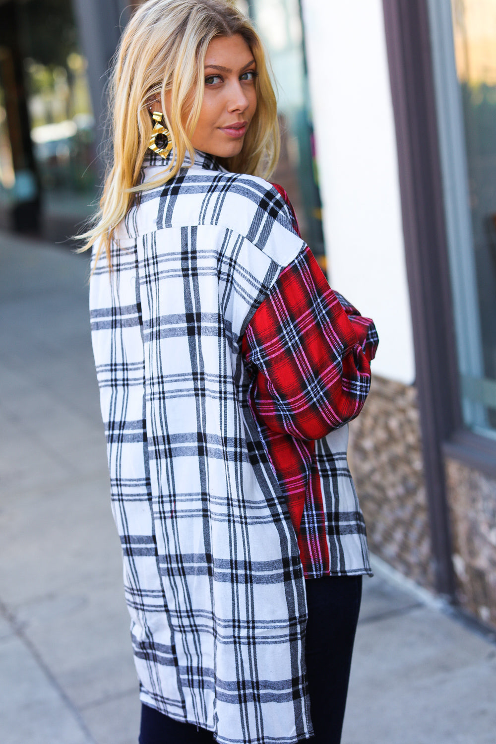 Holiday Red & White Plaid Color Block Hi Lo Shacket Haptics