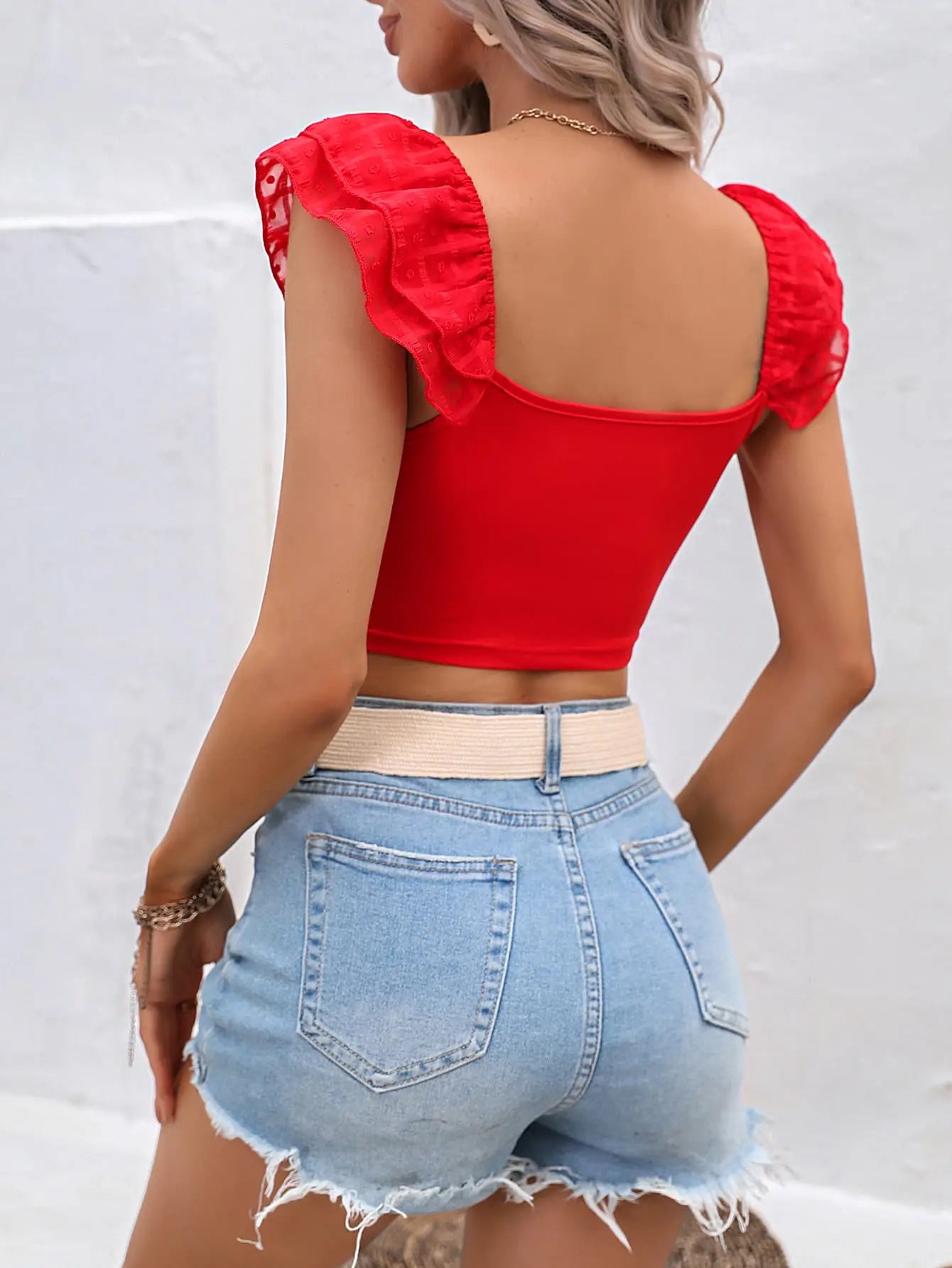 Square Neck Cap Sleeve Cropped Top Trendsi