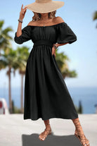 Square Neck Smocked Waist Puff Sleeve Midi Dress Trendsi