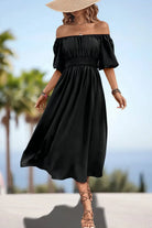 Square Neck Smocked Waist Puff Sleeve Midi Dress Trendsi