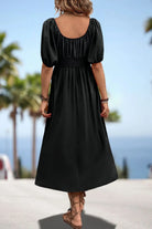 Square Neck Smocked Waist Puff Sleeve Midi Dress Trendsi