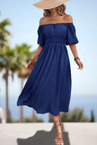 Square Neck Smocked Waist Puff Sleeve Midi Dress Trendsi