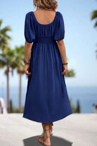 Square Neck Smocked Waist Puff Sleeve Midi Dress Trendsi