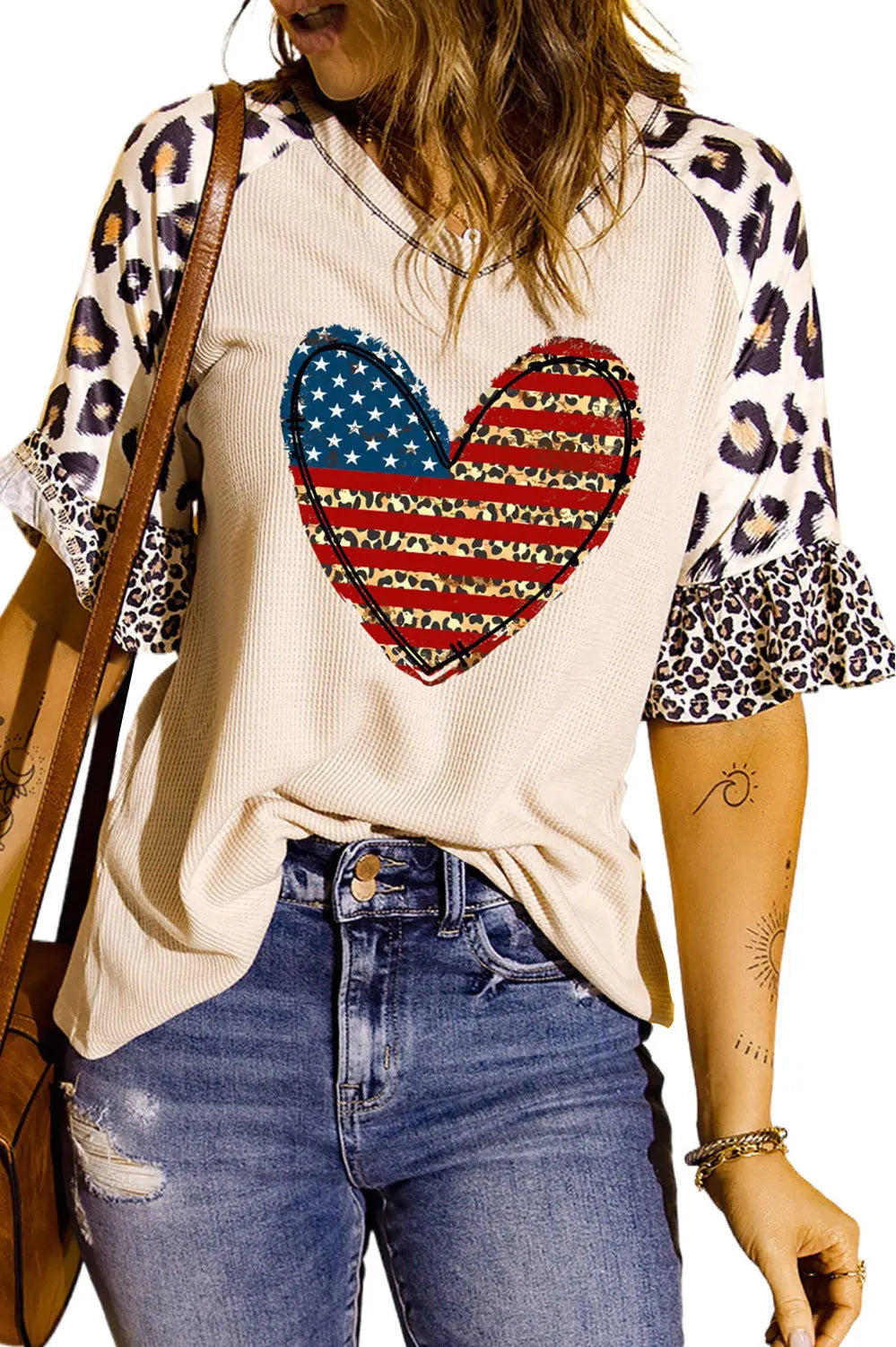 Star and Stripe Heart Graphic Leopard Top Trendsi