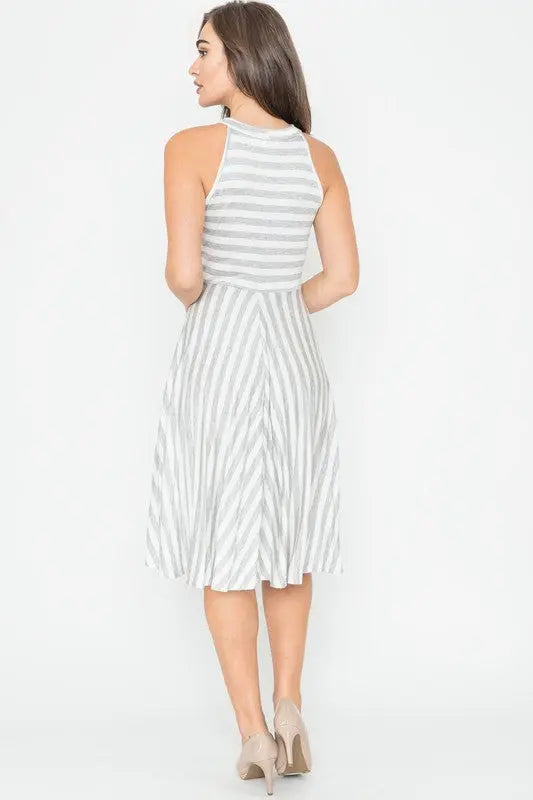 Stripe Halter Neck Midi Swing Dress EG fashion