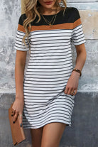 Striped Round Neck Short Sleeve Mini Dress Trendsi