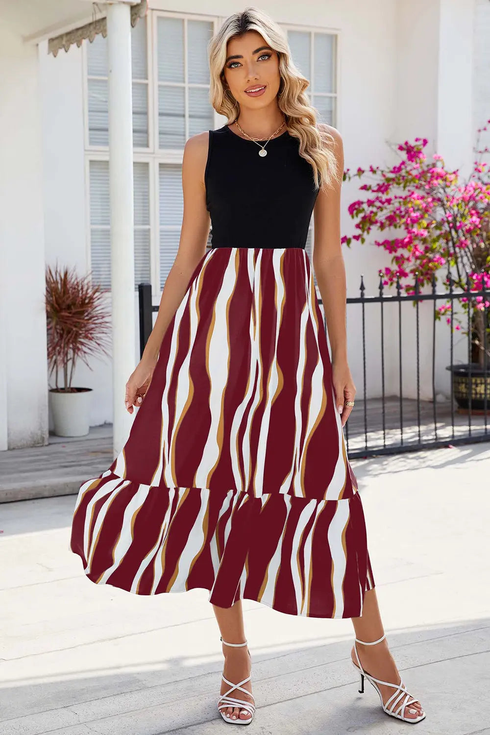 Striped Round Neck Sleeveless Midi Dress Trendsi