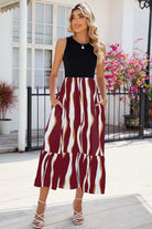 Striped Round Neck Sleeveless Midi Dress Trendsi