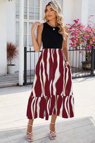 Striped Round Neck Sleeveless Midi Dress Trendsi