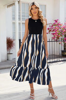 Striped Round Neck Sleeveless Midi Dress Trendsi