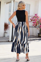 Striped Round Neck Sleeveless Midi Dress Trendsi