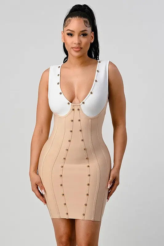 Stunning beads contrast color sexy bandage dress Athina