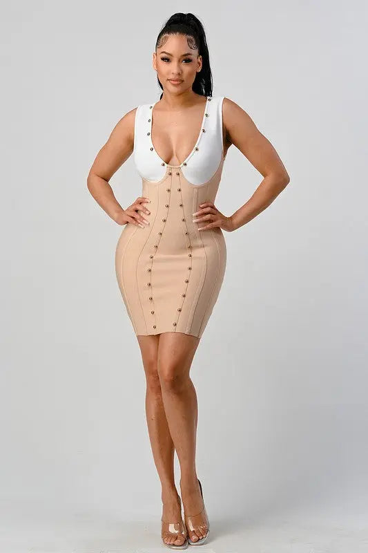 Stunning beads contrast color sexy bandage dress Athina