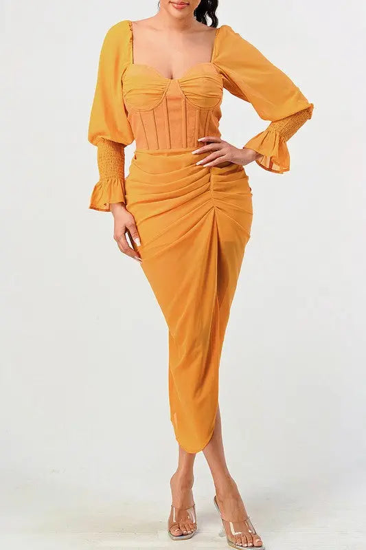 Summer solid yellow long sleeve chiffon dress Athina