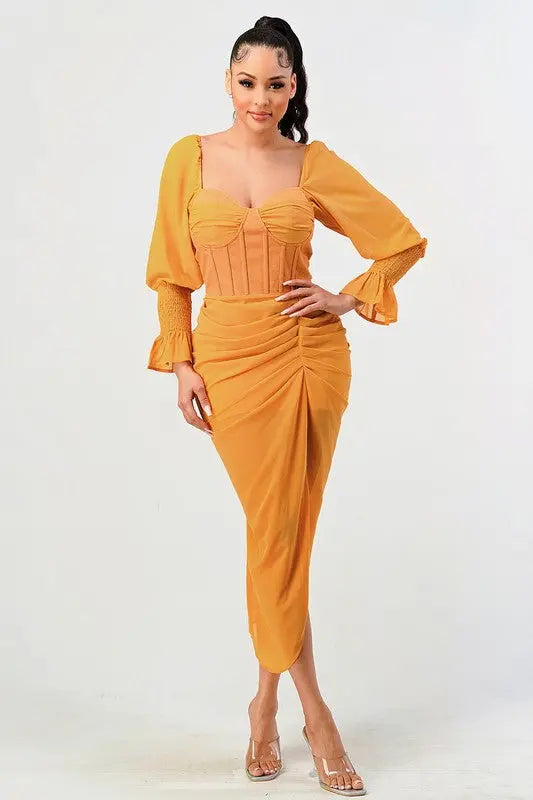 Summer solid yellow long sleeve chiffon dress Athina