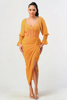 Summer solid yellow long sleeve chiffon dress Athina