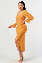 Summer solid yellow long sleeve chiffon dress Athina