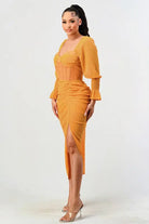 Summer solid yellow long sleeve chiffon dress Athina