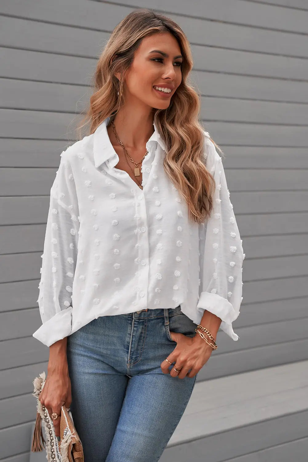 Swiss Dot Button Up Long Sleeve Shirt Trendsi