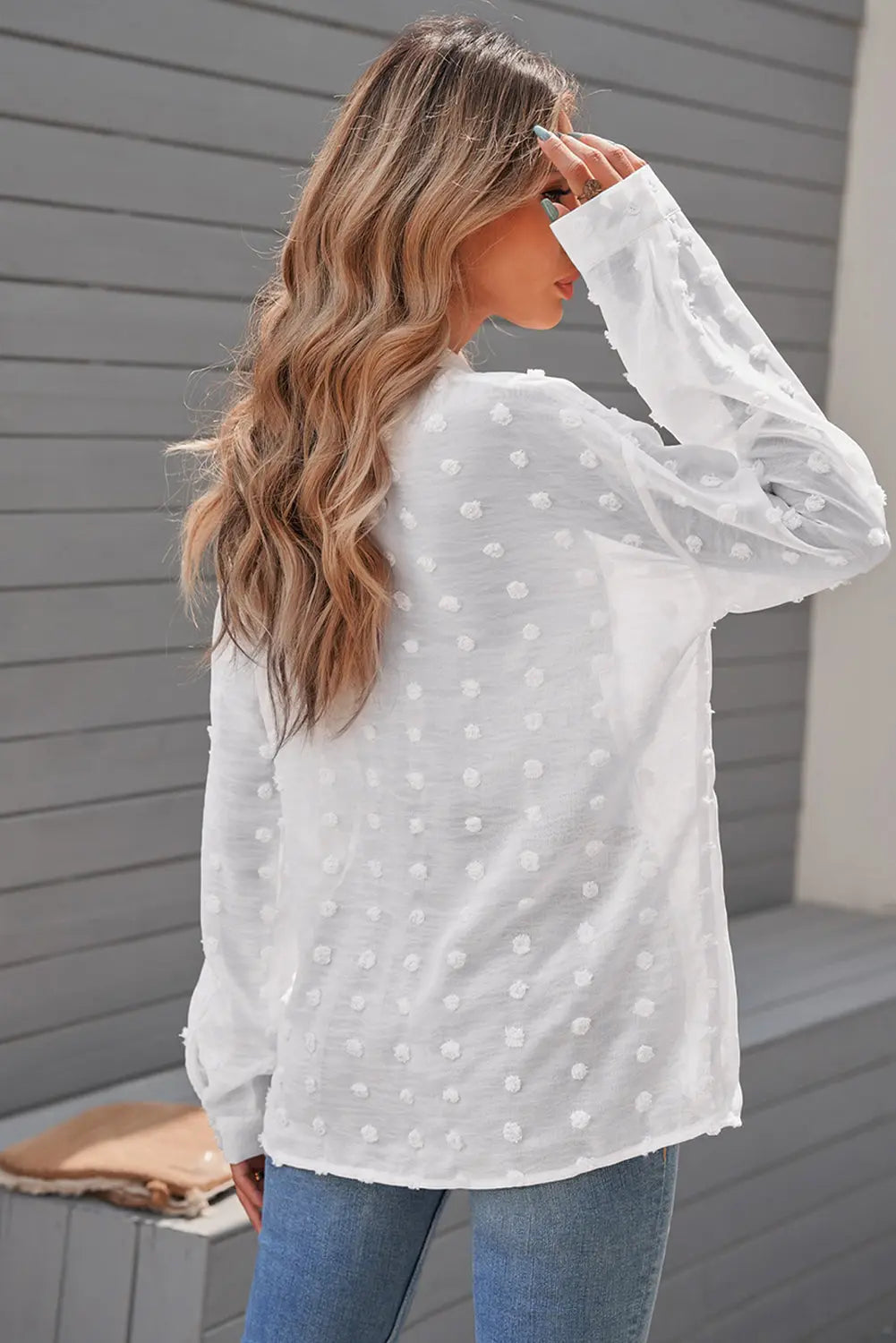 Swiss Dot Button Up Long Sleeve Shirt Trendsi