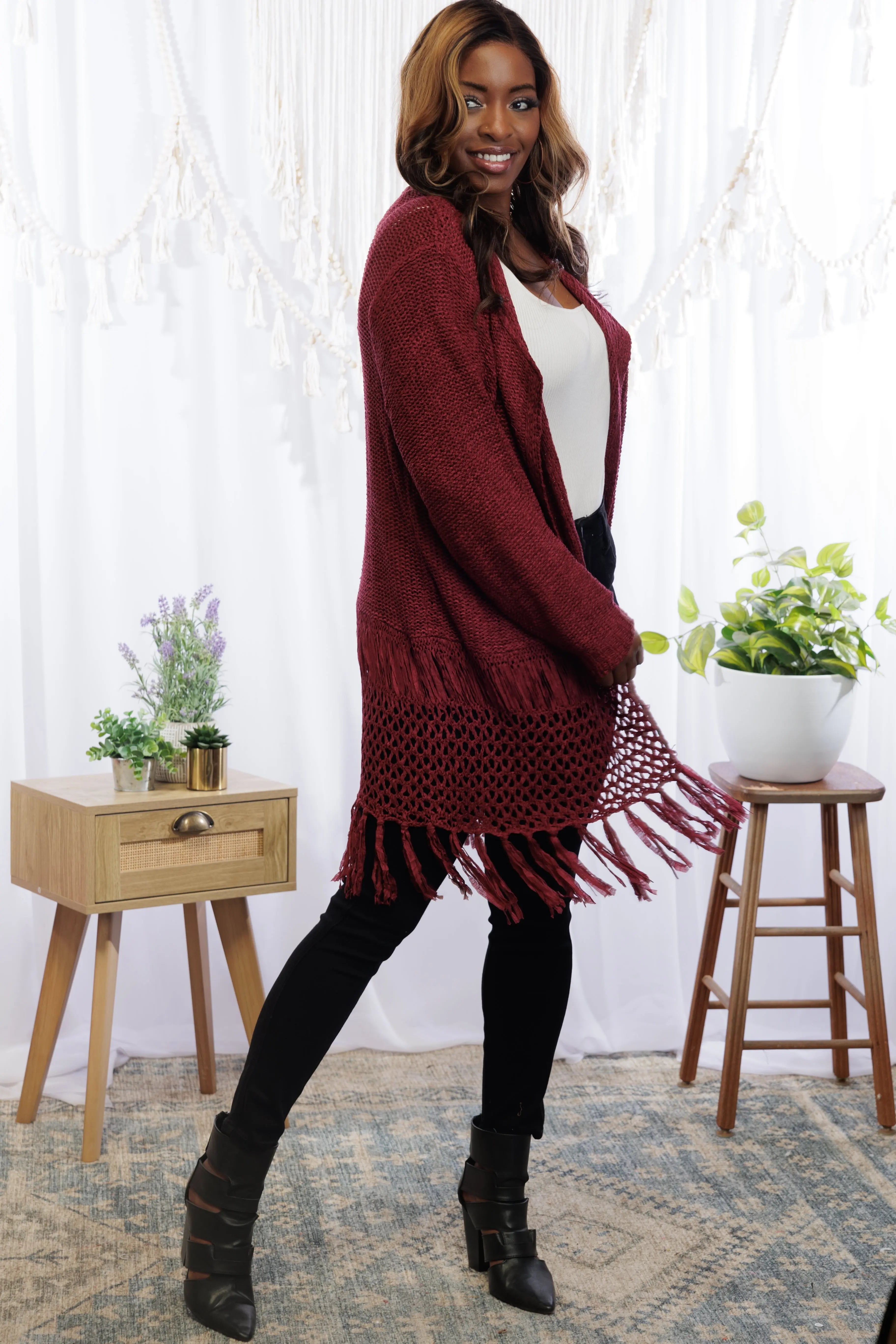 Tiana Fringed Cardigan - Wine Boutique Simplified