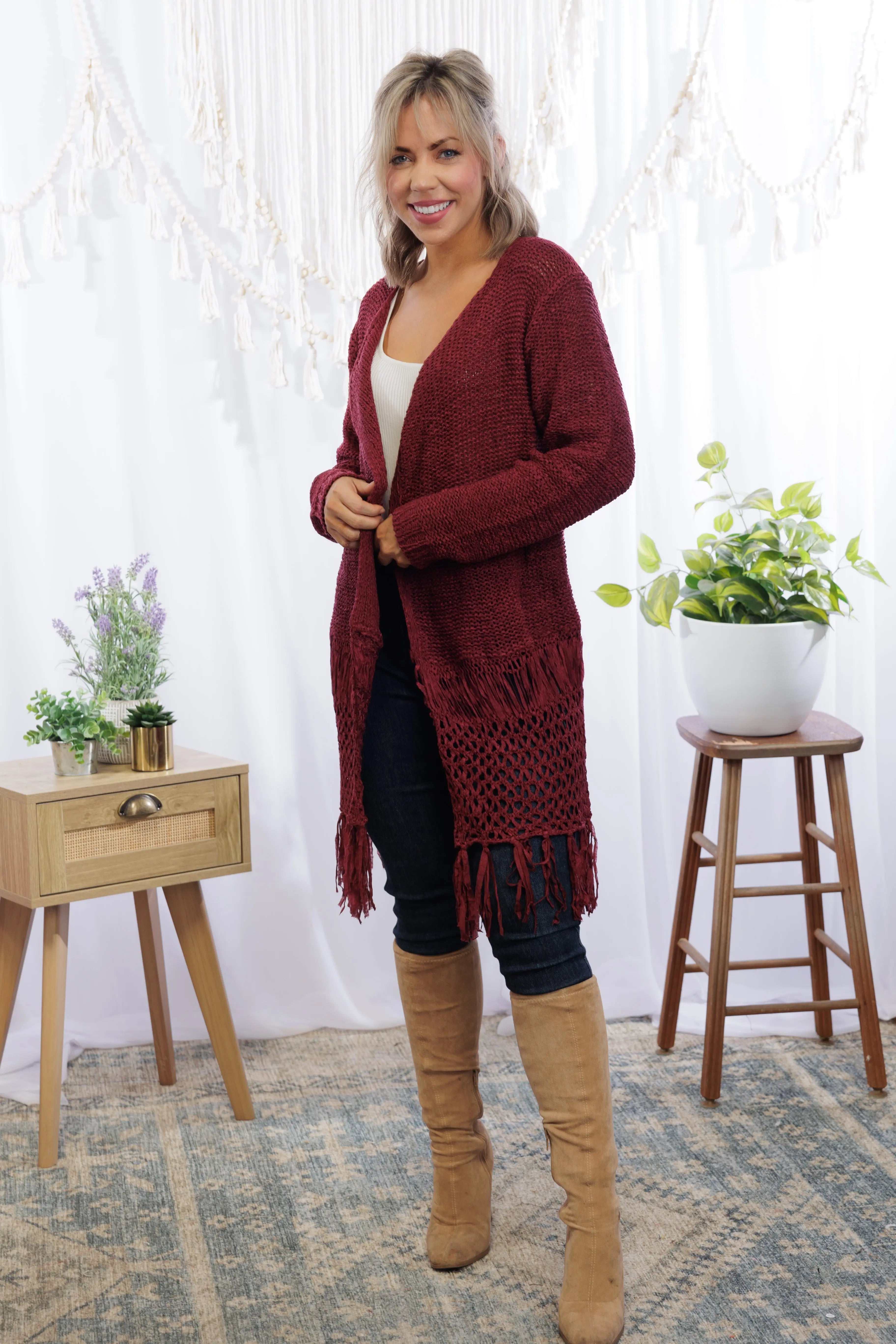 Tiana Fringed Cardigan - Wine Boutique Simplified