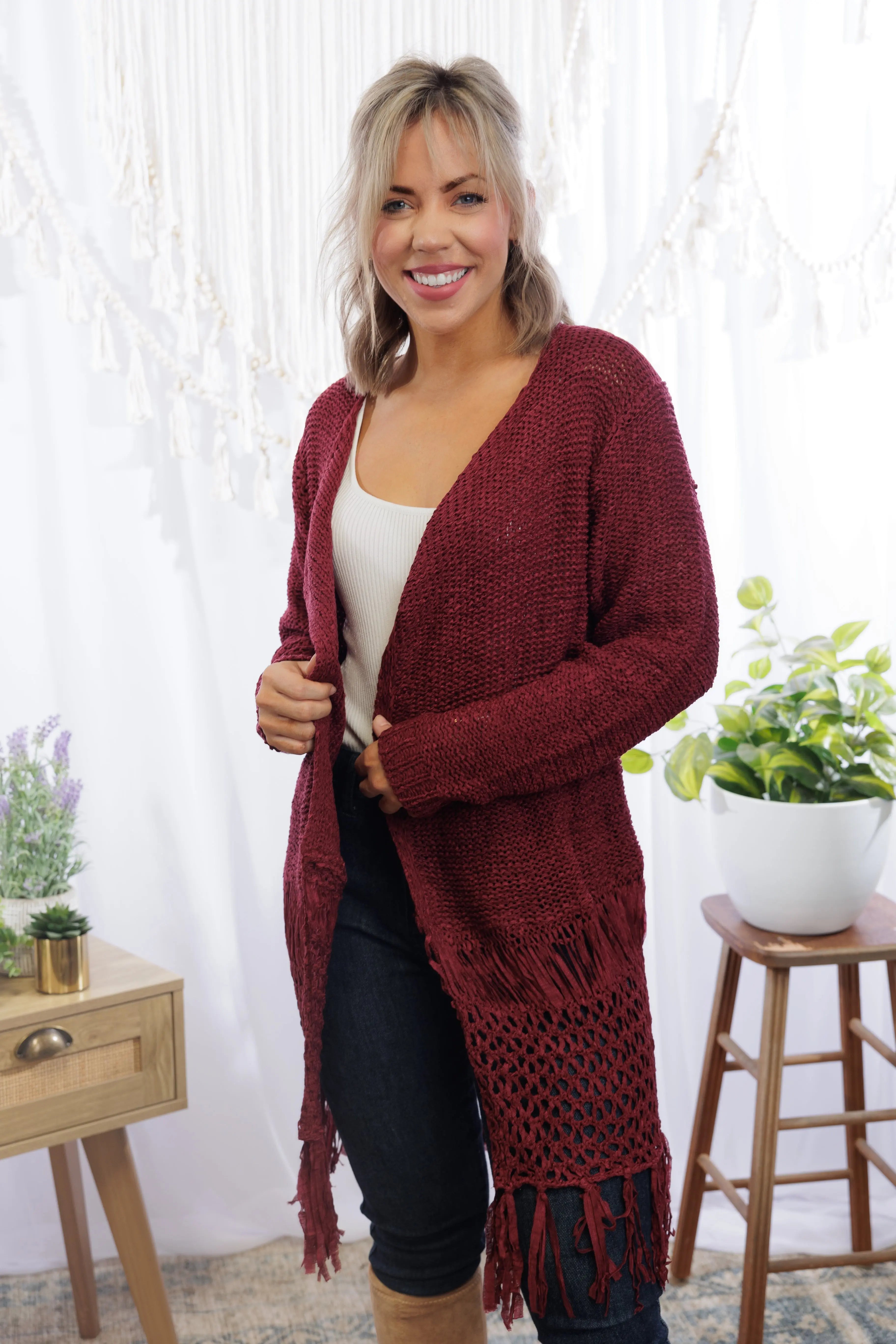 Tiana Fringed Cardigan - Wine Boutique Simplified