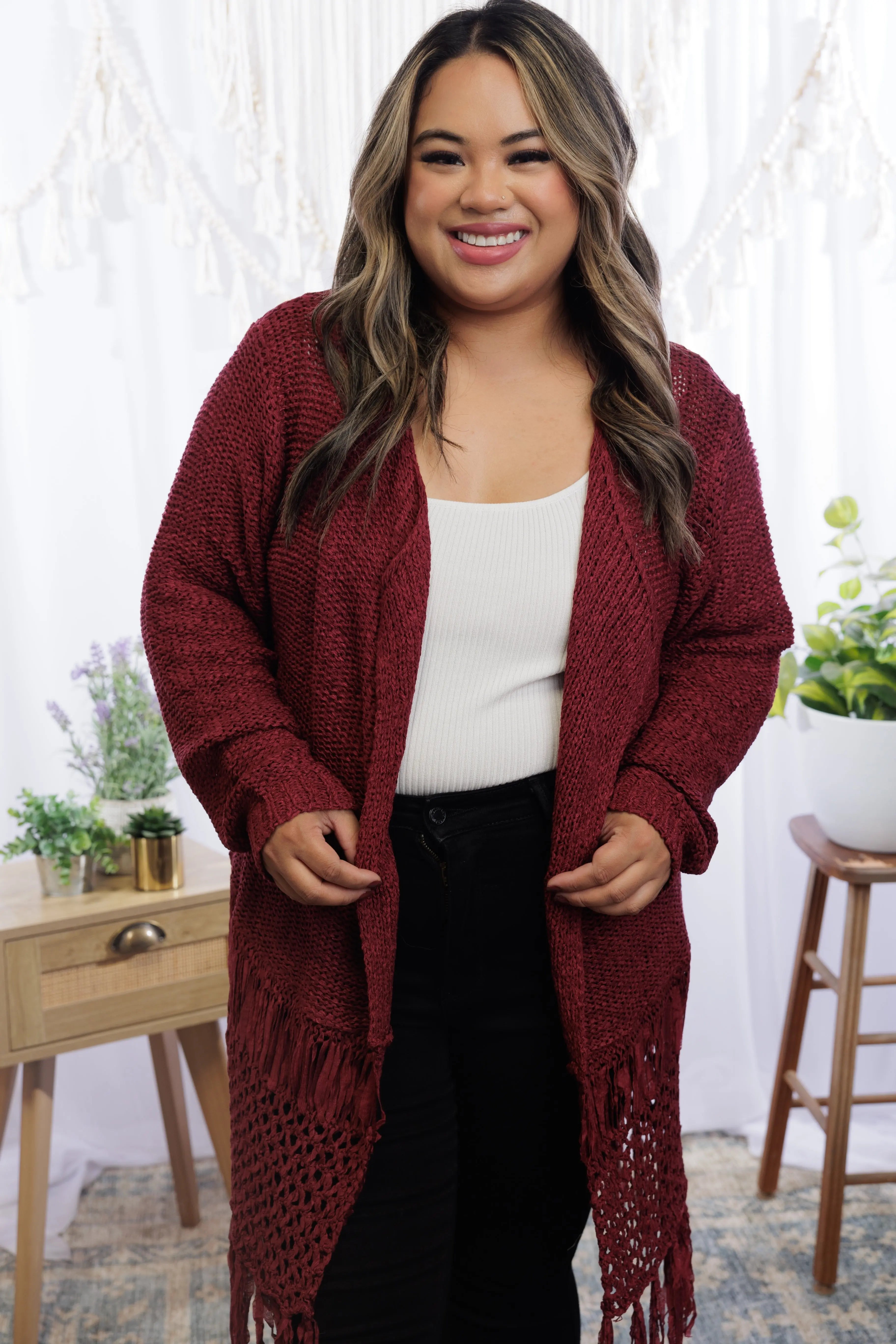 Tiana Fringed Cardigan - Wine Boutique Simplified