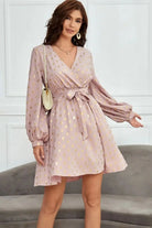 Tied Printed Surplice Long Sleeve Dress Trendsi