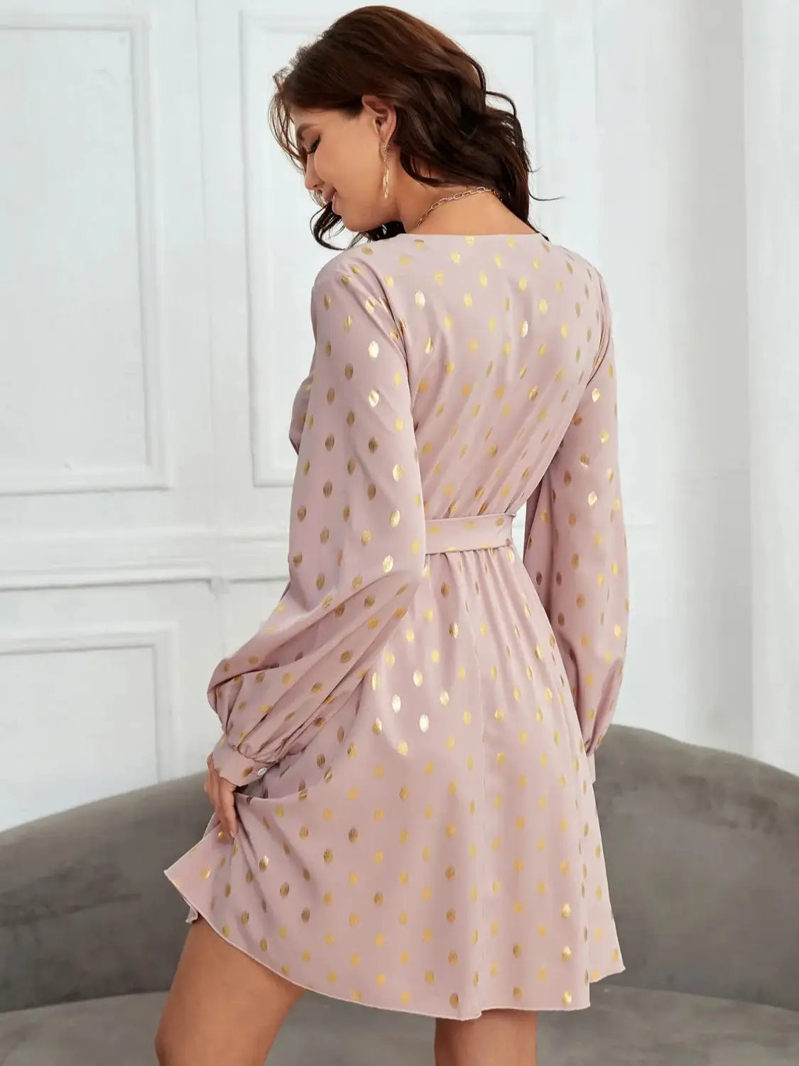 Tied Printed Surplice Long Sleeve Dress Trendsi