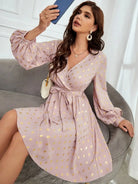 Tied Printed Surplice Long Sleeve Dress Trendsi