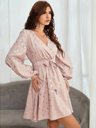 Tied Printed Surplice Long Sleeve Dress Trendsi