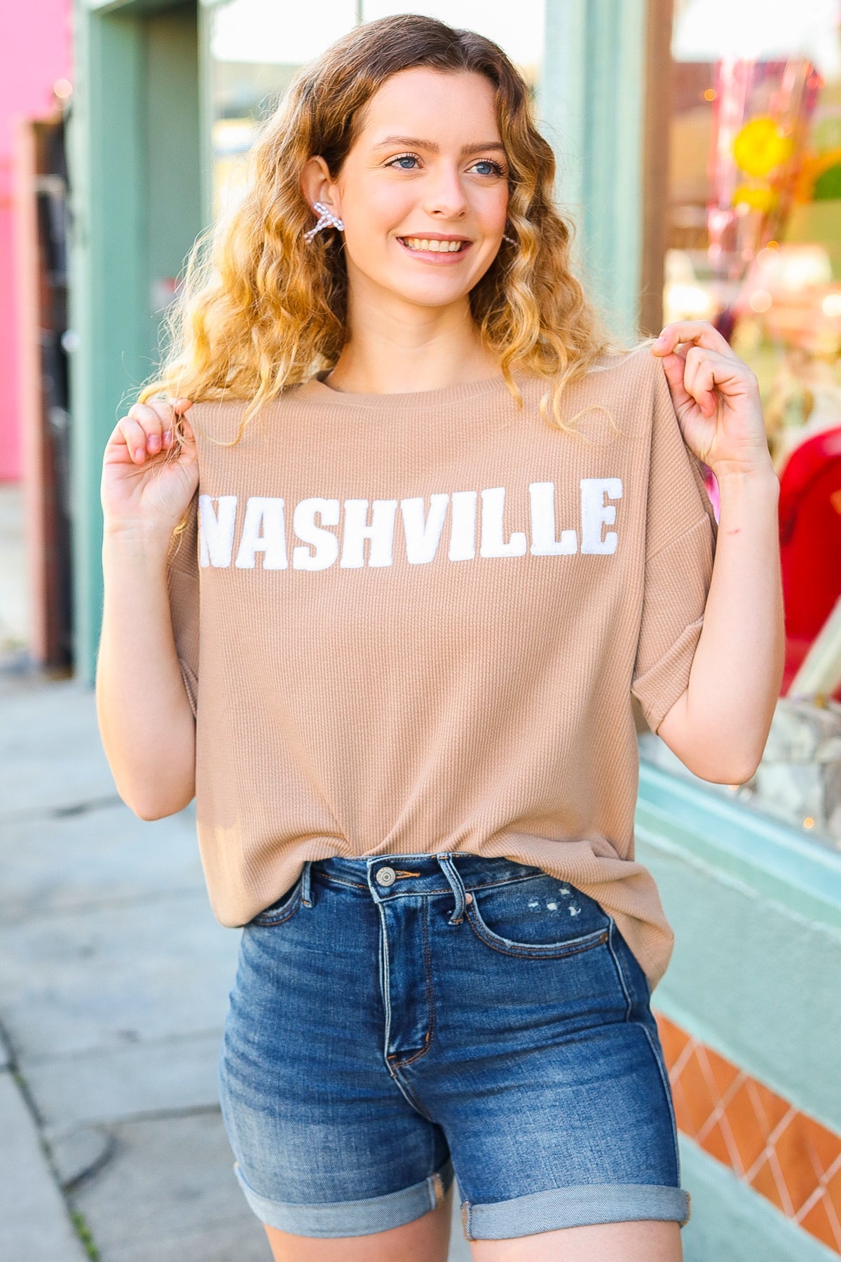 Taupe Pop-Up Embroidered "NASHVILLE" Ribbed Top Haptics