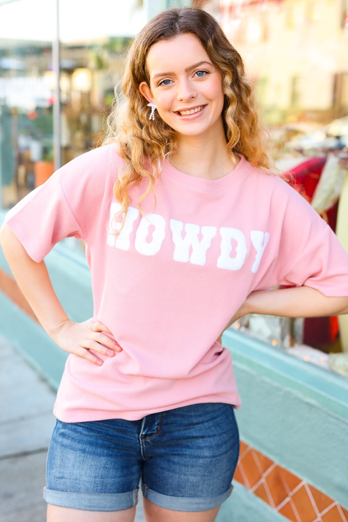 Pink Pop-Up Embroidered "HOWDY" Ribbed Top Haptics
