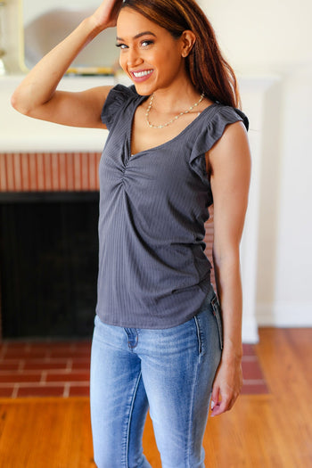 Sunny Days Charcoal Sweetheart Neckline Ribbed Top Haptics