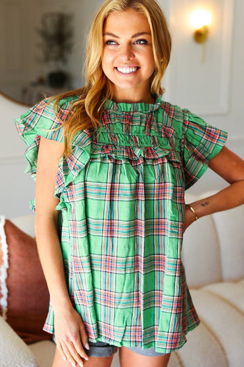 Green Plaid Shirred Yoke Flutter Sleeve Top Haptics