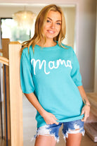 Take A Bow Mint "Mama" Embroidery Pop-Up Puff Sleeve Sweater Top Haptics