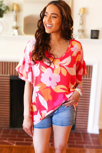 Tropical Vibes Peach Floral Dolman Ruffle Frill Sleeve Blouse Haptics