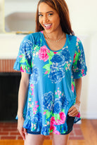 Feeling Playful Blue Floral Ruffle Sleeve & Hem Tunic Top Hayzel