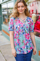 Sunny Days Light Teal Floral Criss Cross V Neck Babydoll Top Hayzel