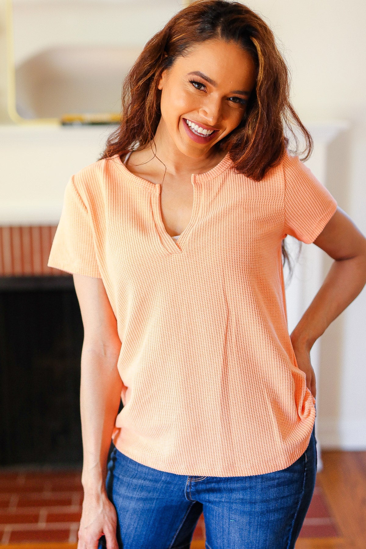 Feel Your Best Orange Baby Waffle Henley Neckline Top Zenana