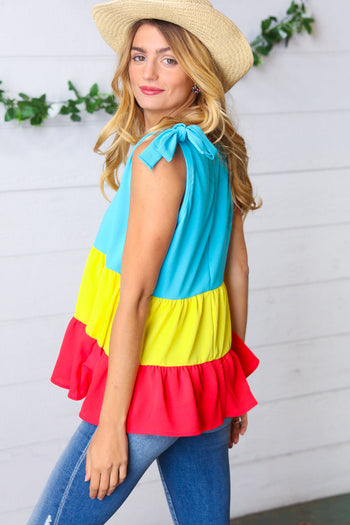 Multicolor Tiered Shoulder Tie Bow Crepe Top Haptics